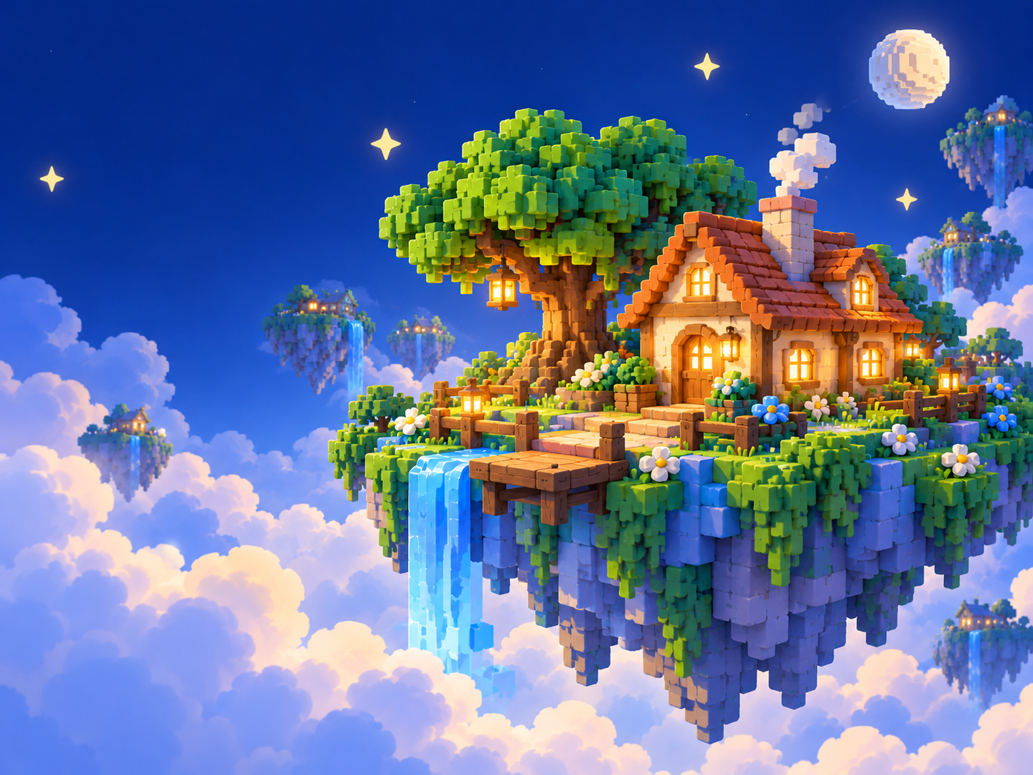 A cozy cottage and tree on a floating voxel island at night