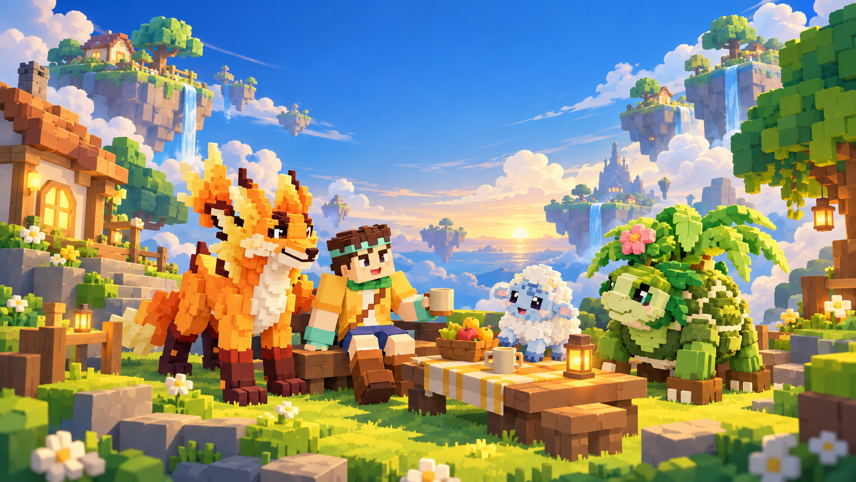Nimbo’s trainer sharing a picnic with Emberfang, Mossback and Nimbaa among floating block islands